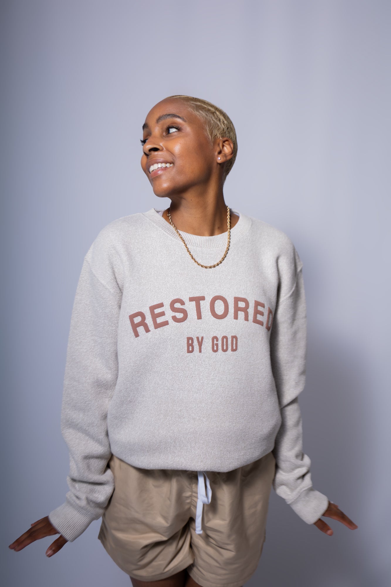 Beige Restored by God sweatshirt,  Tan faith based sweatshirt, unisex faith based sweatshirt, faith based apparel, christian fashion, christian sweatshirt, statement sweatshirt, Kamry Monet