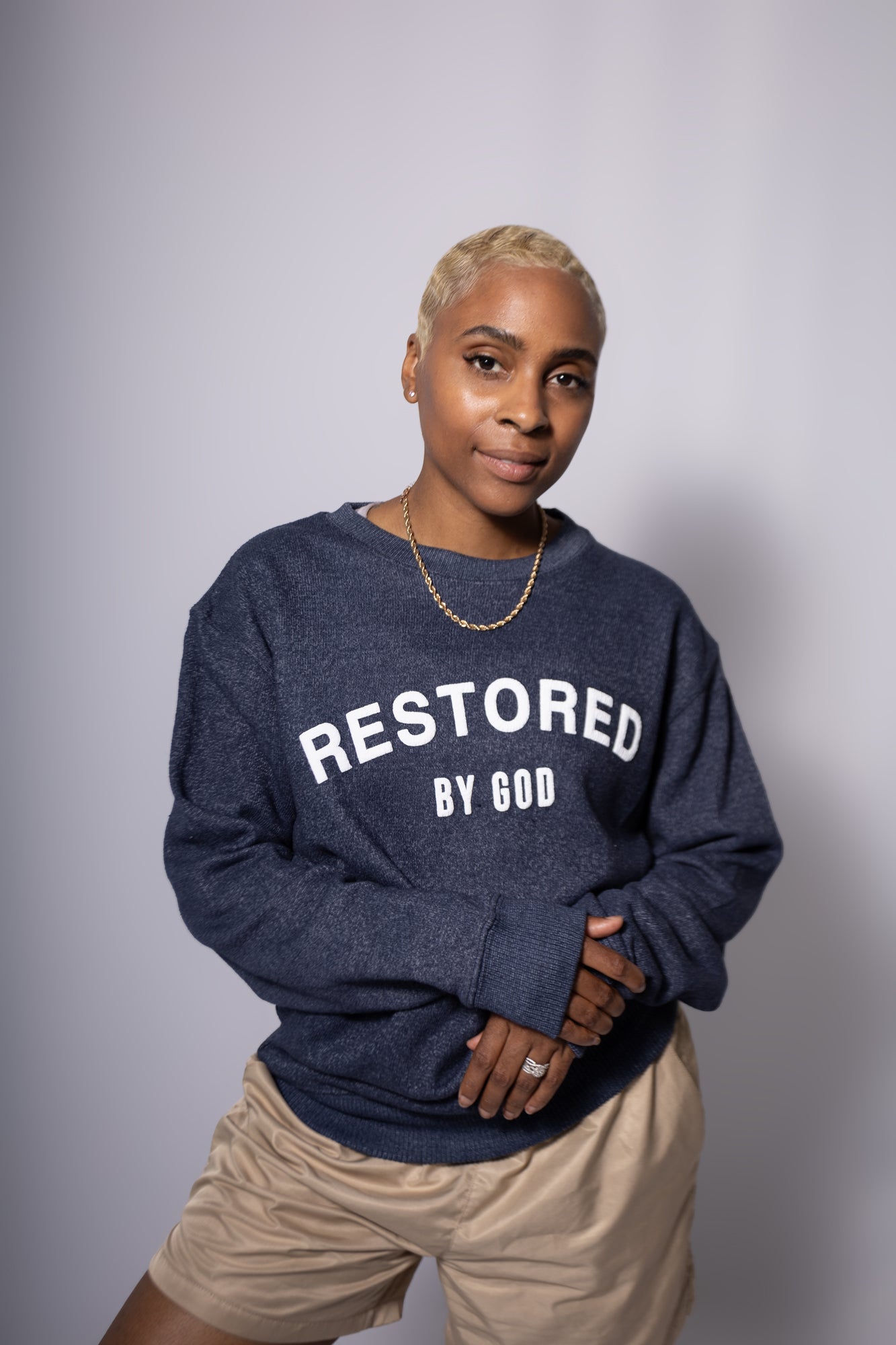 Beige Restored by God sweatshirt,  Tan faith based sweatshirt, unisex faith based sweatshirt, faith based apparel, christian fashion, christian sweatshirt, statement sweatshirt, Kamry Monet, Navy Blue Sweatshirt