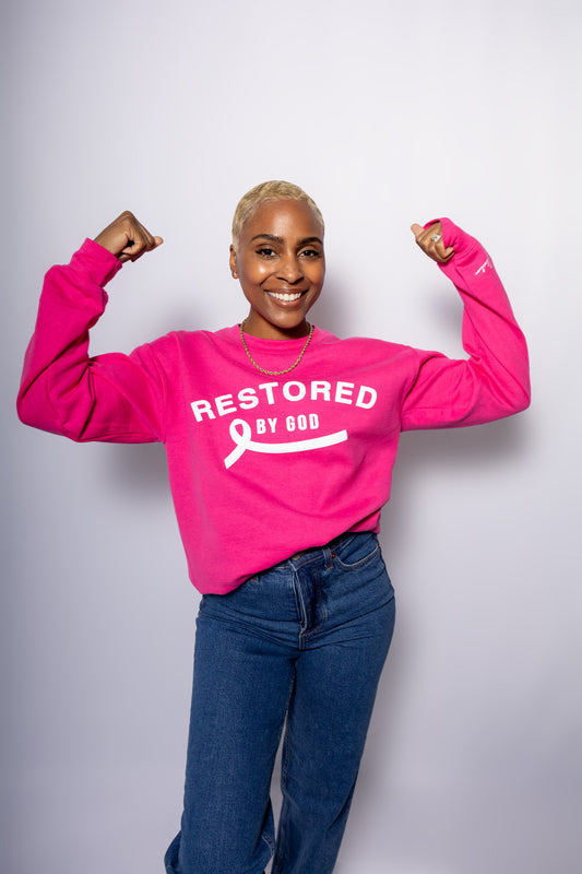 Restored By God Breast Cancer Awareness sweatshirt, pink sweatshirt,  statement sweatshirt, bestie collection. Kamry Monet Sweatshirt, pink sweatshirt, breast cancer awareness