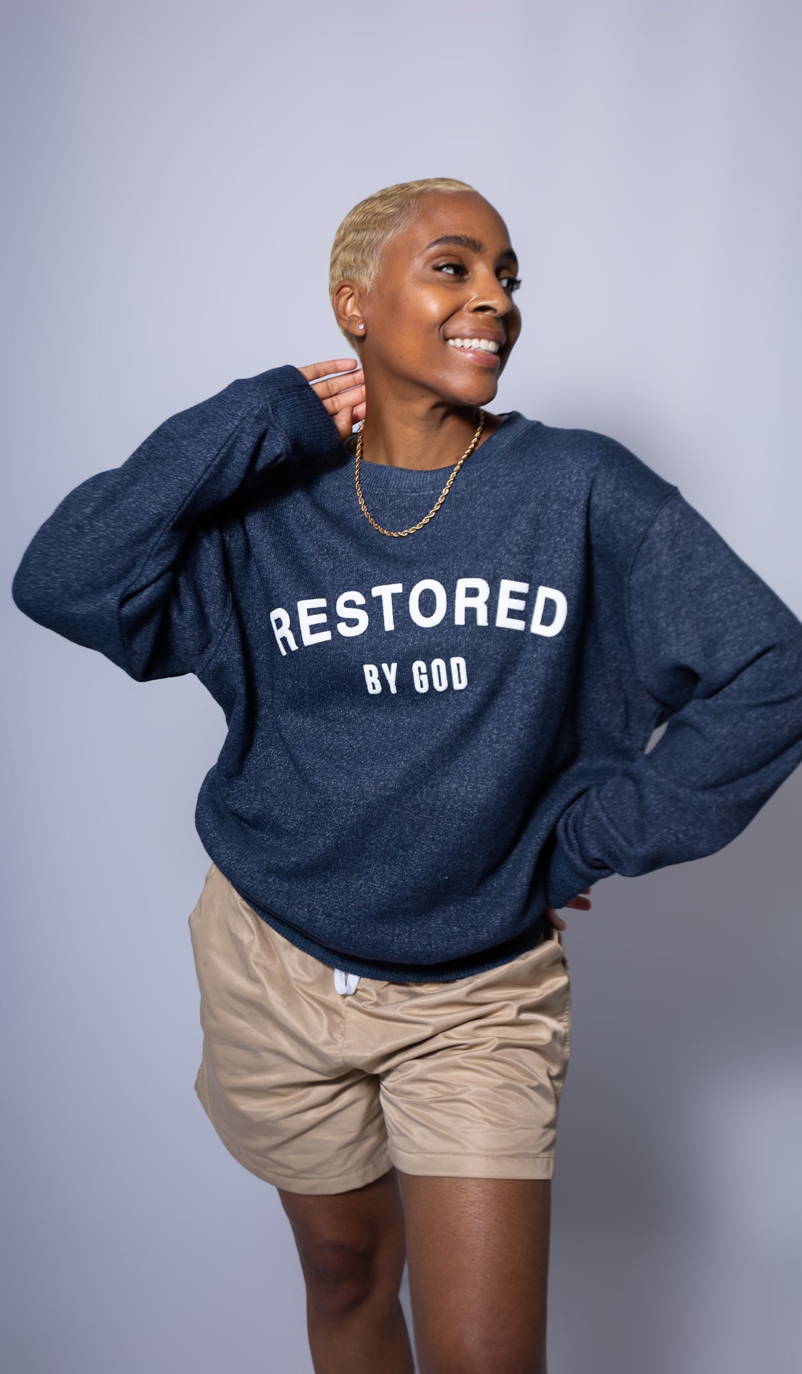 Beige Restored by God sweatshirt,  Tan faith based sweatshirt, unisex faith based sweatshirt, faith based apparel, christian fashion, christian sweatshirt, statement sweatshirt, Kamry Monet, Navy Blue Sweatshirt