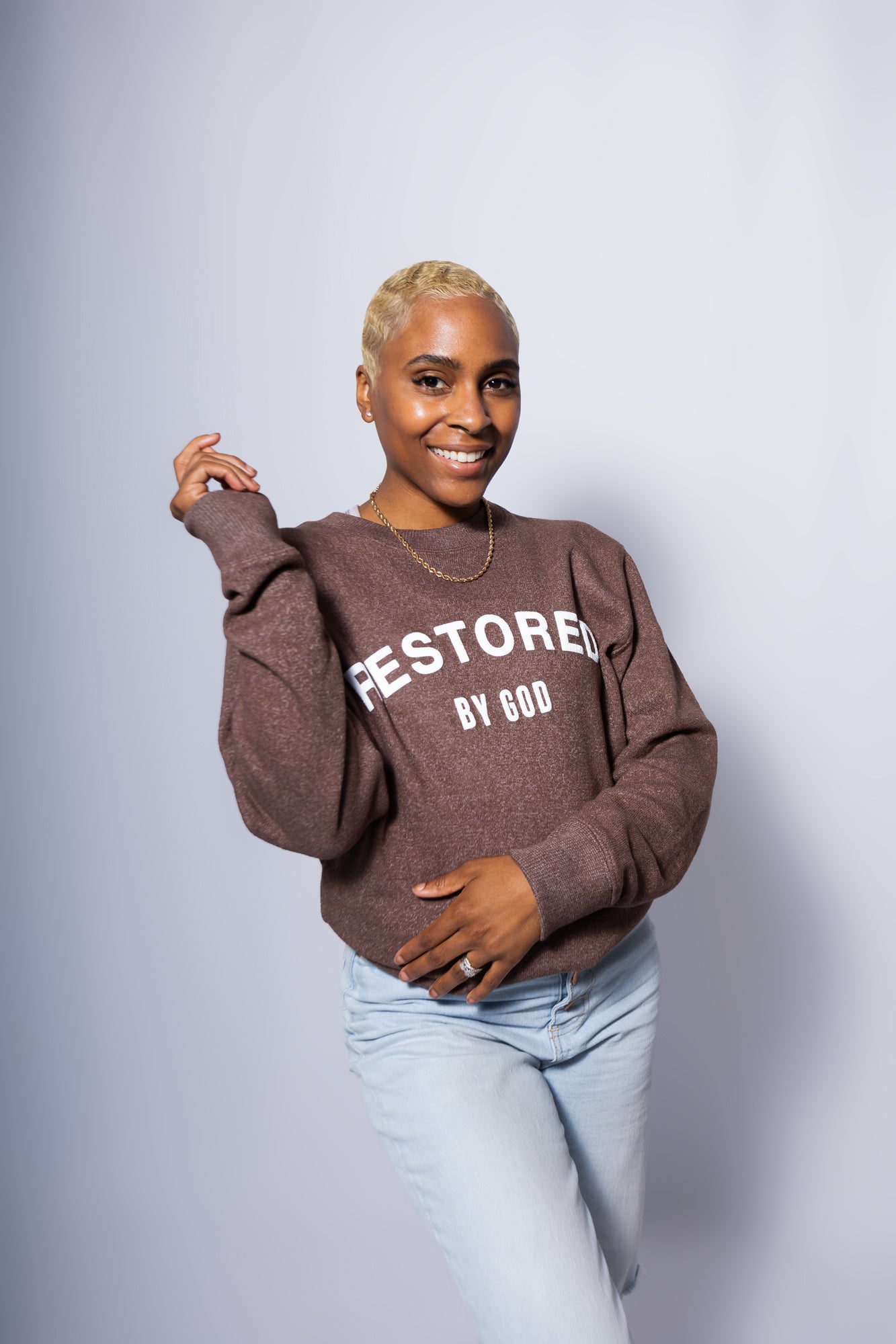 Restored by God, Kamry Monet, Unisex Comfy crewneck sweatshirt, brown, loungewear, faith based apparel, christian apparel, 