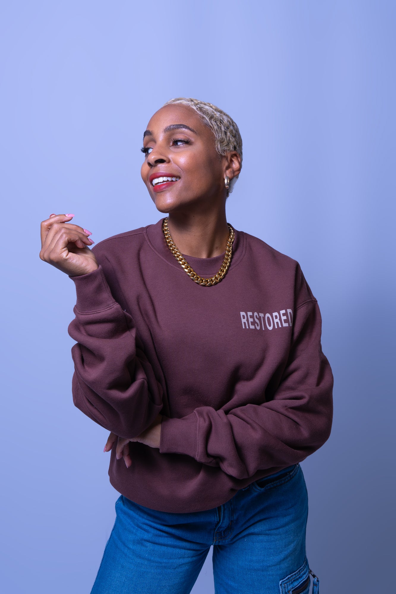 Restored brown unisex crewneck sweatshirt in chestnut brown with a relaxed fit. 