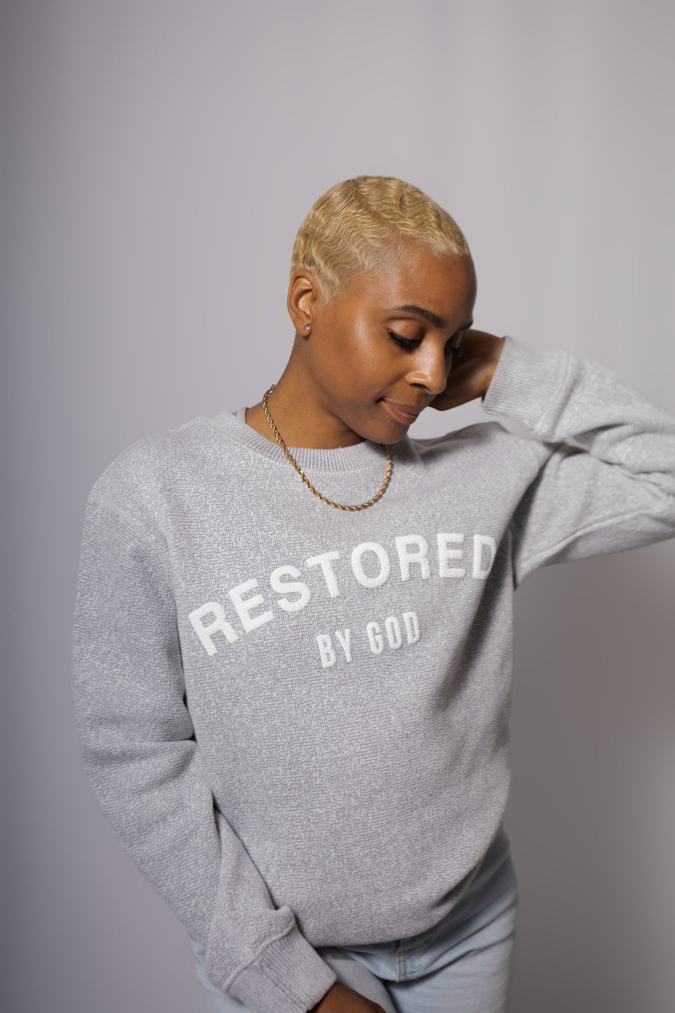 Restored by god comfy crewneck sweatshirt, color grey, sport grey, salt and pepper, nantucket, wool, premium sweater, premium sweatshirt, premium christian apparel, premium faith based apparel, 