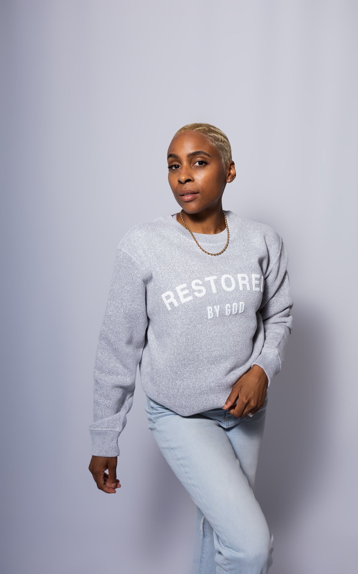 Restored by god comfy crewneck sweatshirt, color grey, sport grey, salt and pepper, nantucket, wool, premium sweater, premium sweatshirt, premium christian apparel, premium faith based apparel, 