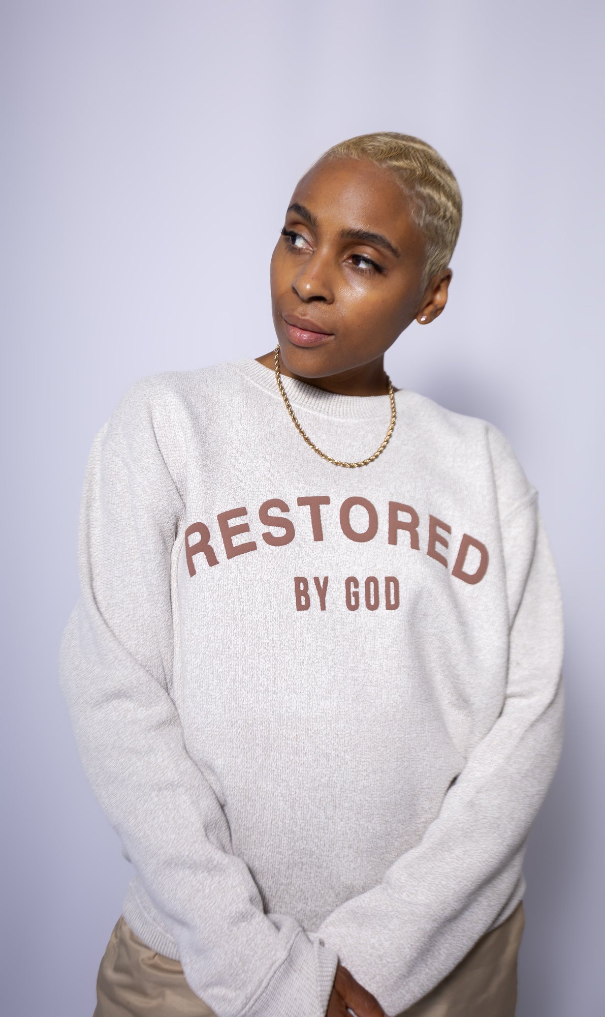 Beige Restored by God sweatshirt,  Tan faith based sweatshirt, unisex faith based sweatshirt, faith based apparel, christian fashion, christian sweatshirt, statement sweatshirt, Kamry Monet