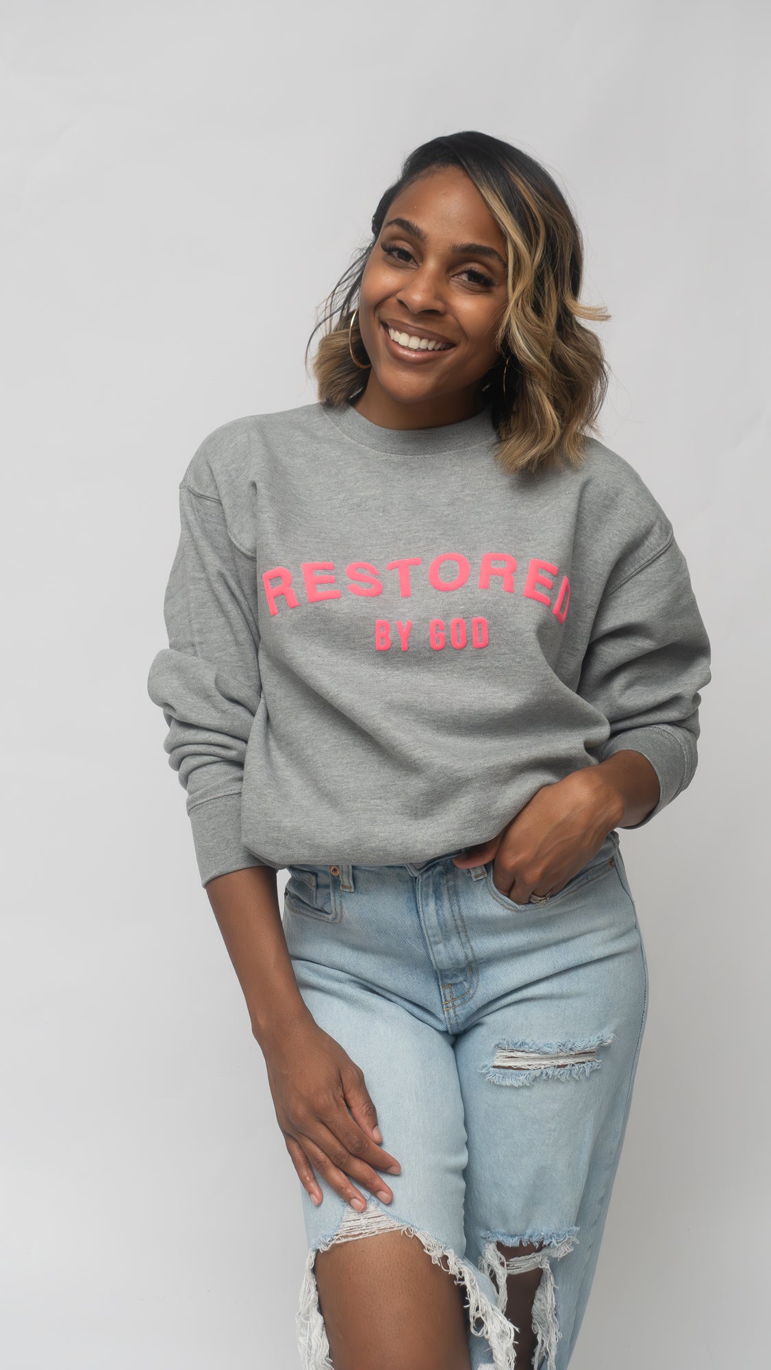 Restored by God grey and neon pink puff print sweatshirt/crewneck for fall weather